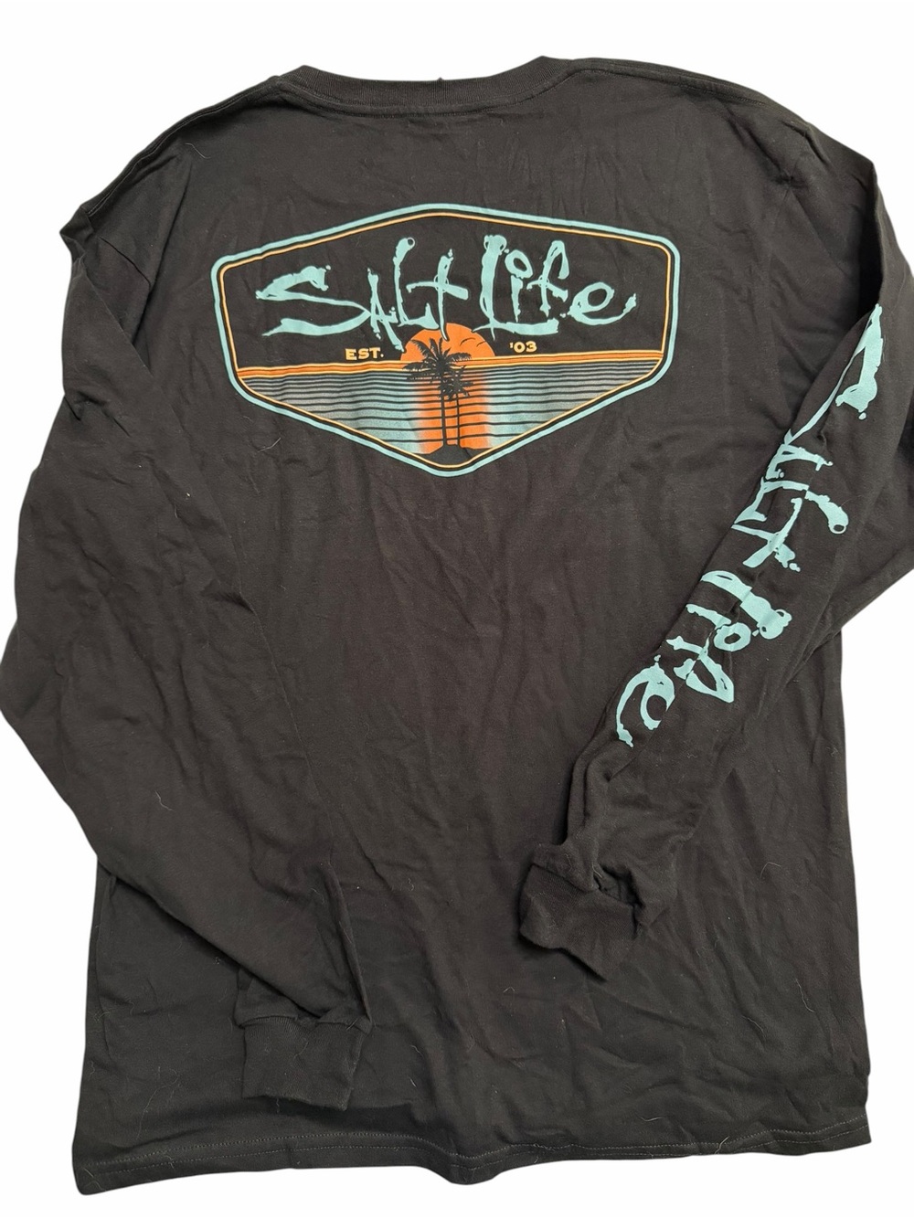 Salt Life Black Long Sleeve Pocket Tee with Teal Script